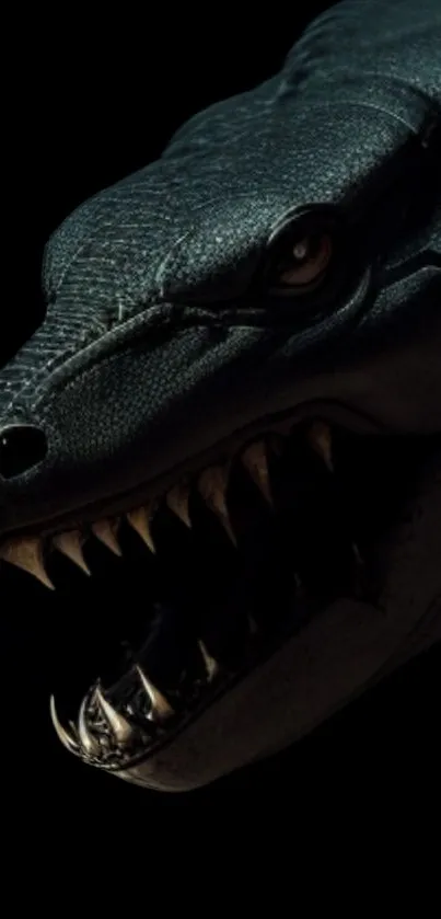 Close-up of a dark lizard with sharp teeth and a textured skin on a black background.