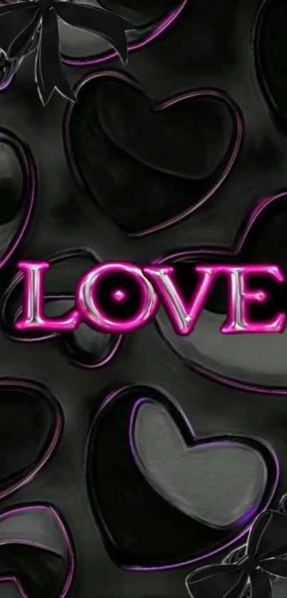 Dark themed wallpaper with black hearts and pink love text.