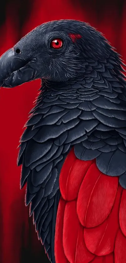 Detailed dark parrot with red accents on a vivid artistic wallpaper.