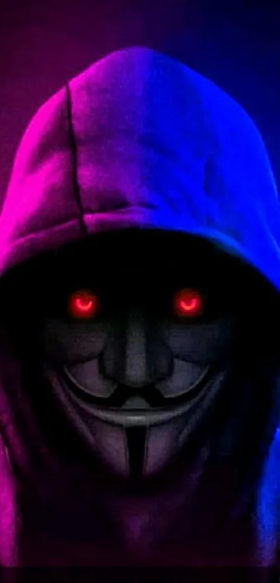 Hooded figure with neon colors and red eyes on dark wallpaper.