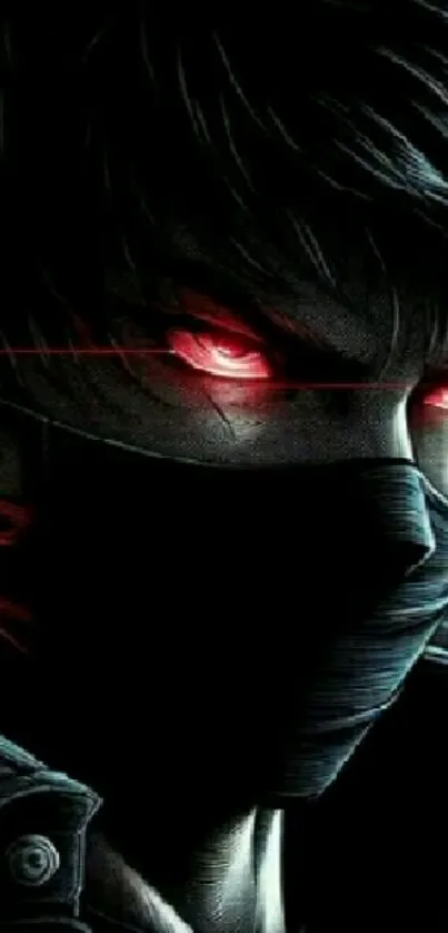 Mysterious dark anime warrior with glowing red eyes and a mask.