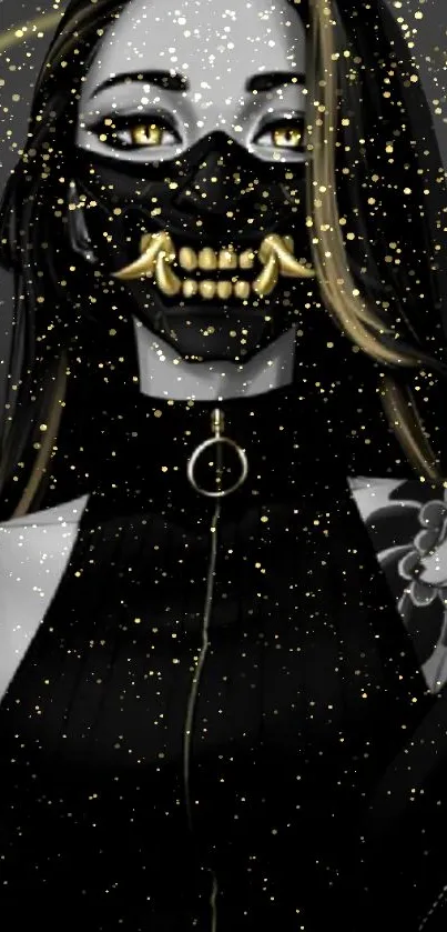 Dark character art with gold accents and mask on a black background.