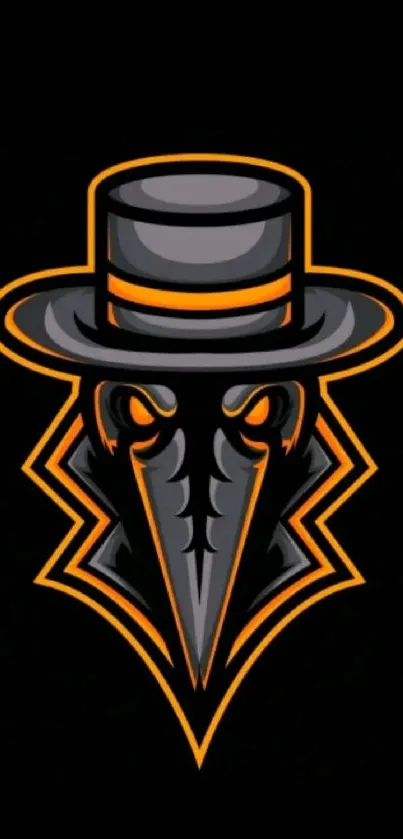 Mysterious figure with mask and hat, orange accents on black background.