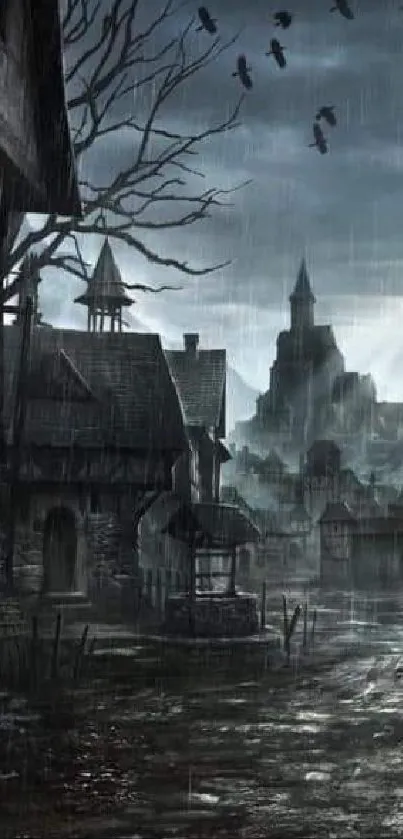 Dark medieval village scene with gothic architecture.