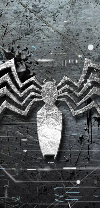 Dark metal spider emblem on scratched background.