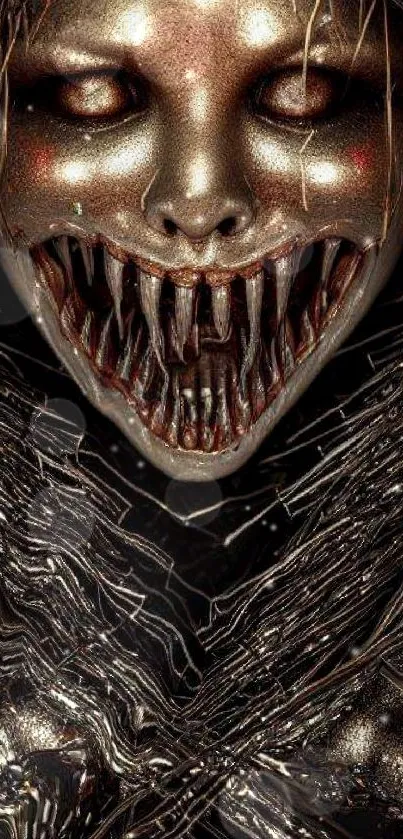 Dark metallic monster art with eerie sharp teeth.