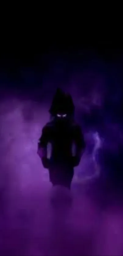 A shadowy figure emerges from a dark purple mist, creating a mysterious ambiance.