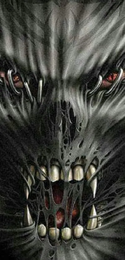 Dark monster with haunting eyes and fierce teeth on a dramatic wallpaper.