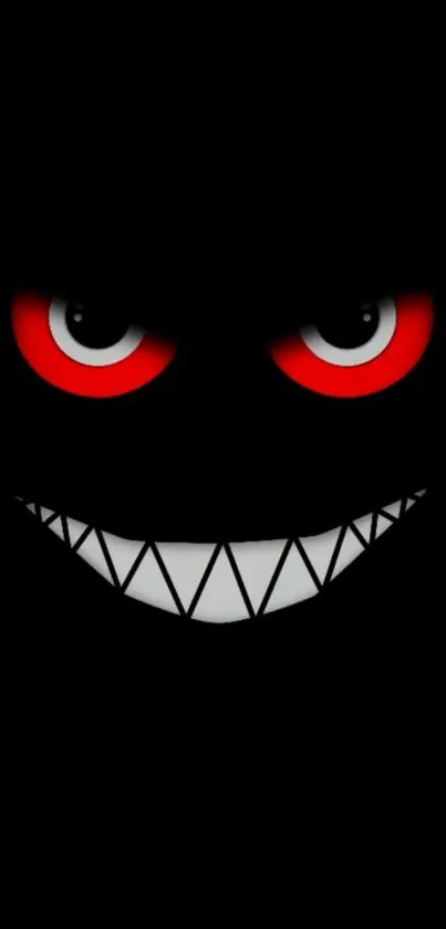 Creepy monster face with red eyes and sharp teeth on a dark background.