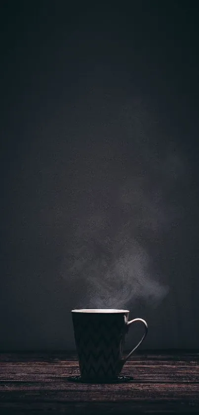 Dark moody wallpaper with steaming coffee cup on wooden table.