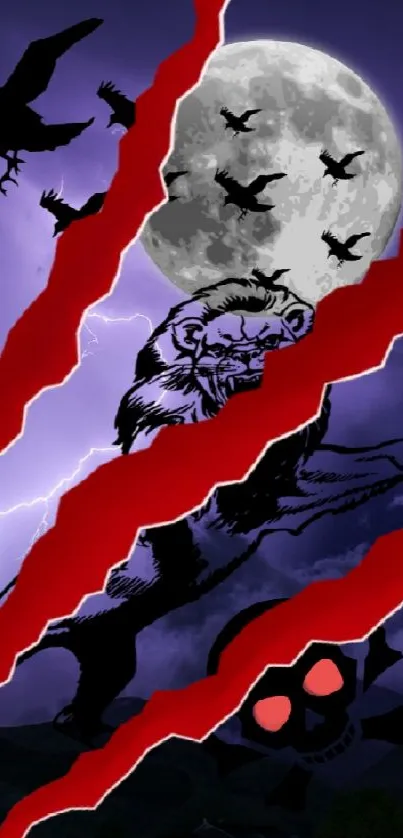 Dark-themed wallpaper with a moon, bats, and red claw marks on a purple night sky.