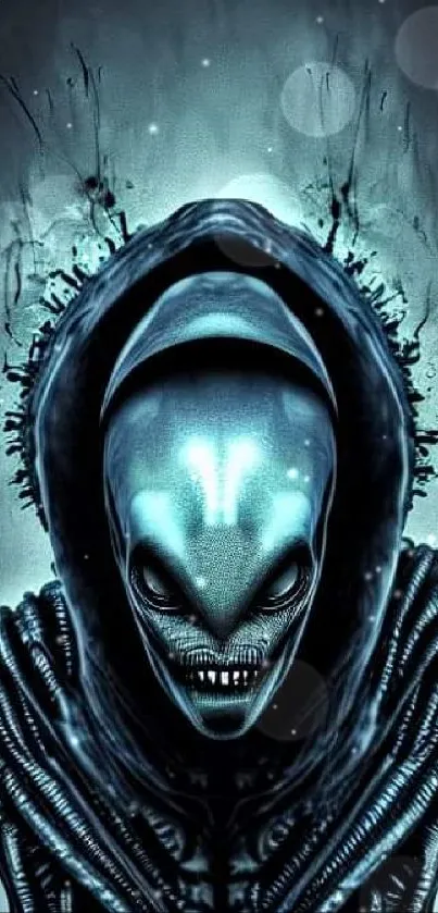 Dark alien figure with hood in blue tones.