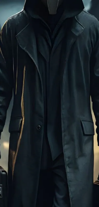 Mysterious figure in a dark trench coat holding briefcases.