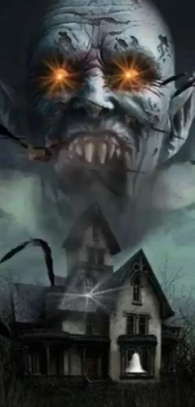 Gothic house with eerie sky and creature.