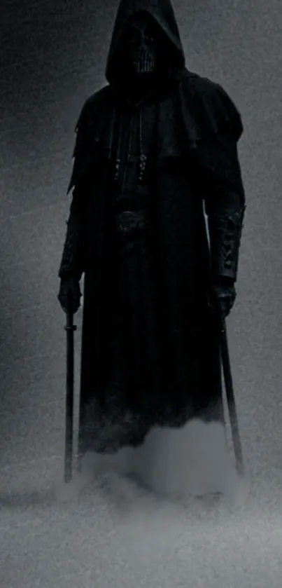 A dark, mysterious hooded figure standing against an eerie background.