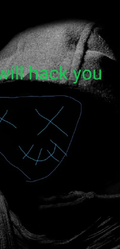 Dark hooded figure with hacker smiley face on a black background.