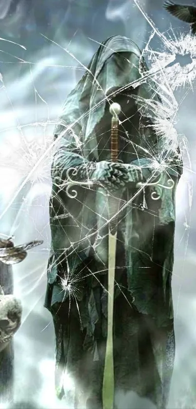 Mysterious hooded figure with sword and shattered glass in dark green tones.