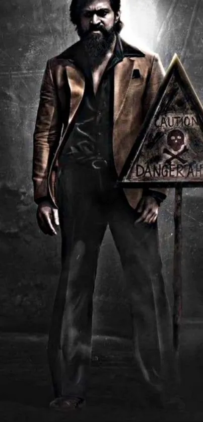 Dark themed wallpaper with man in a brown jacket and caution sign.