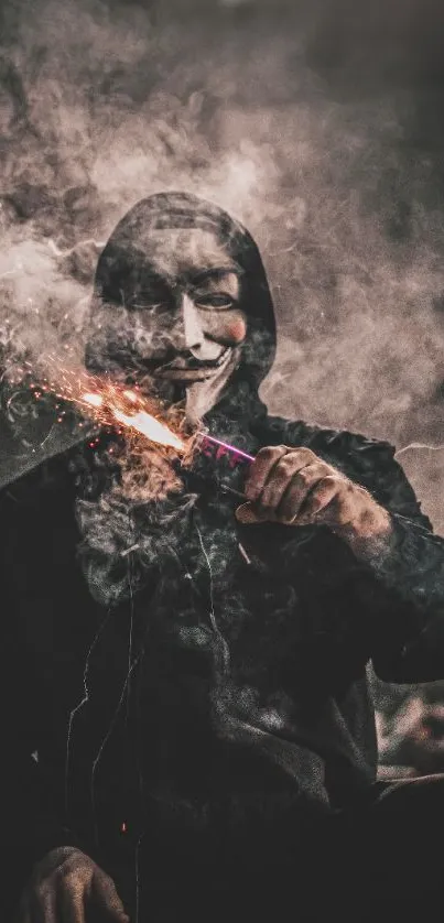 Masked figure in dark setting with smoke and sparks, creating a mysterious atmosphere.