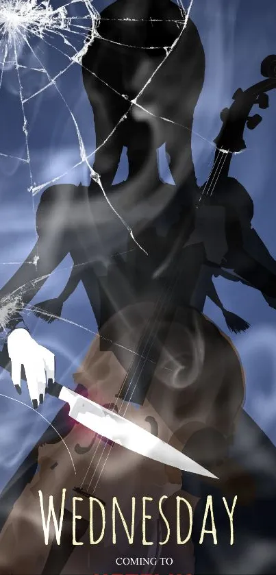 Mysterious Netflix poster with silhouette, cello, and knife on a dark background.