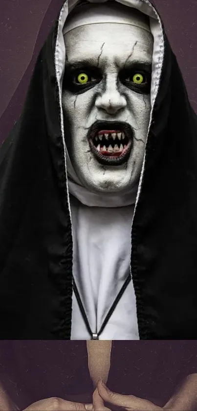 Dark mysterious nun with haunting eyes, perfect for horror wallpaper.