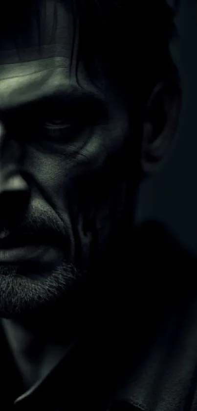 Dark, intense portrait of a mysterious man in shadows.