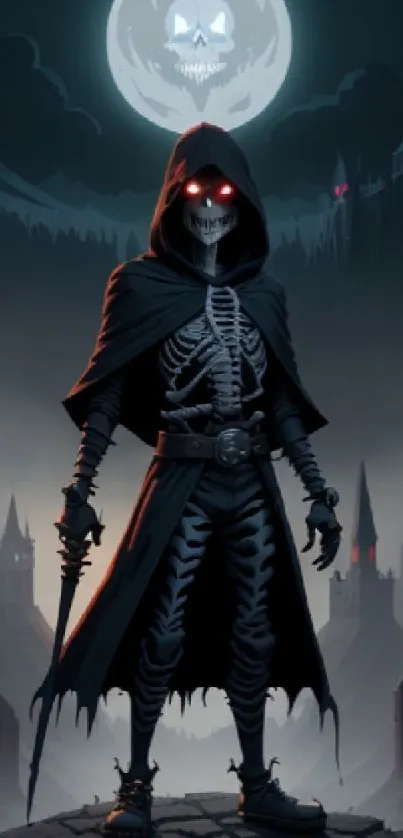 Skeleton knight under moonlit sky with glowing red eyes and gothic elements.