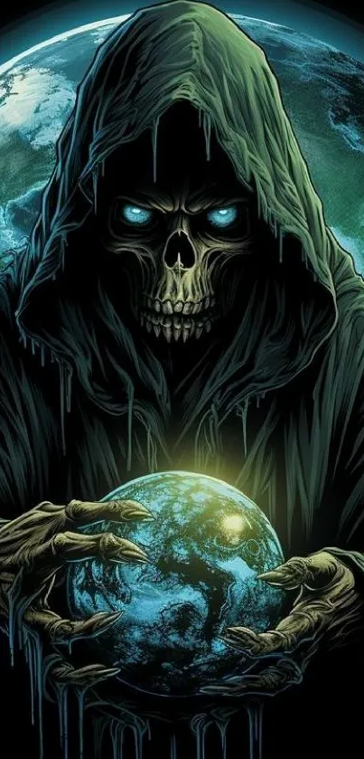 Hooded skull figure holding glowing Earth with a dark teal background.