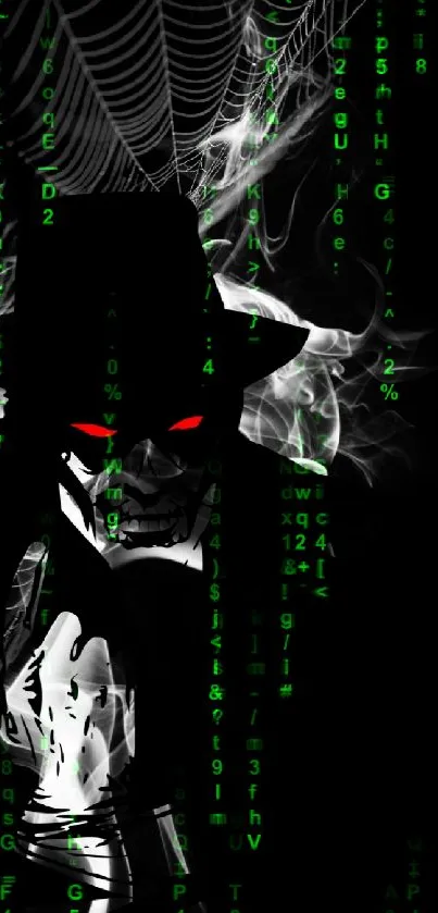 Dark wallpaper with skull, glowing red eyes, and smoke against a black background.