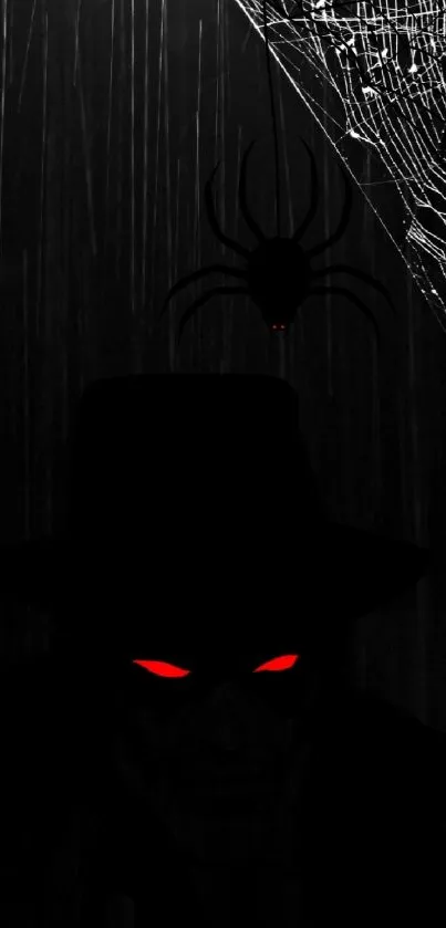 Dark wallpaper with a shadowy figure and spider web.