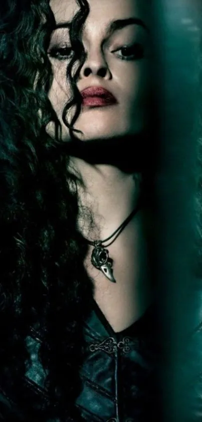 Dark and mysterious woman with curly hair against a shadowy background.