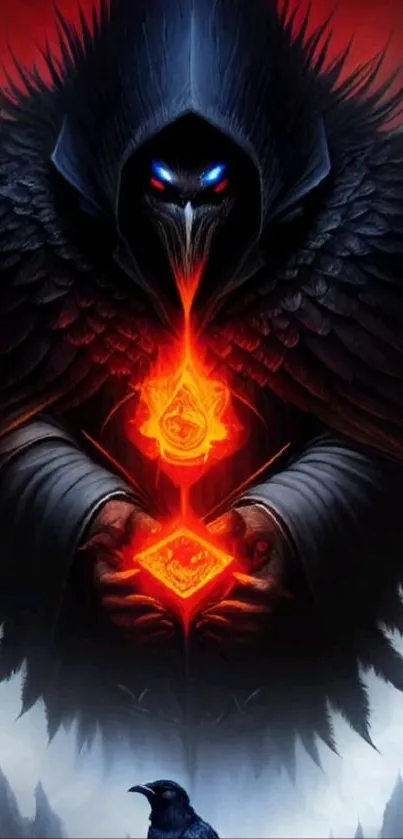 Mystic figure with glowing symbols and raven in dark setting.