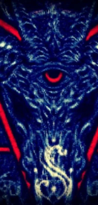 Dark mystic art wallpaper with intricate red and blue design.