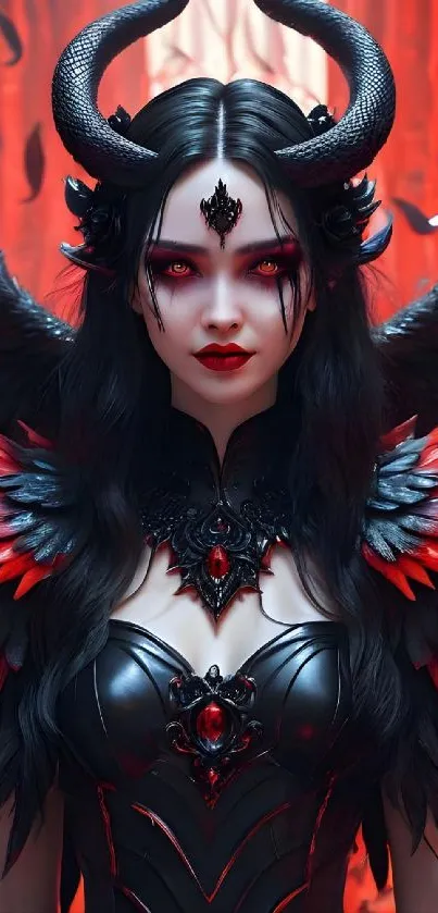 Dark fantasy witch with horns and wings in red and black theme.