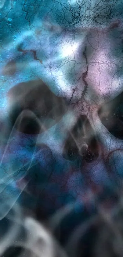 Dark mystical skull with eerie blue hues.