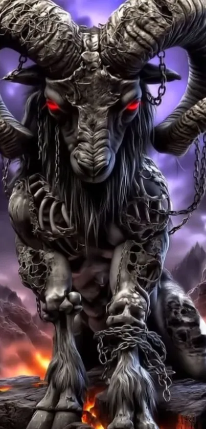 Dark mythical beast with red eyes and chains in a fiery landscape.