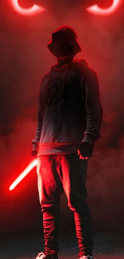 Hooded figure with red glowing sword and eyes on dark wallpaper.