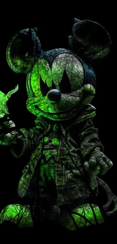 Dark neon cartoon character holding a glowing green object.