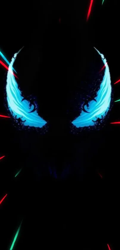 Dark wallpaper with neon eyes and vibrant light streaks.