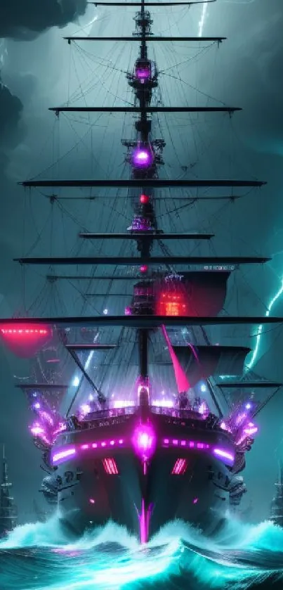 A towering ship with neon lights sails through a stormy sea with dramatic lightning.