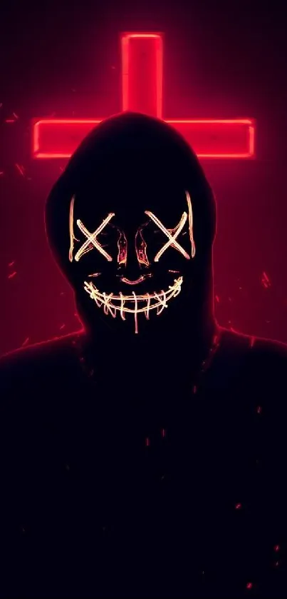 Neon-lit masked figure with glowing eyes and a red cross background on a black wallpaper.