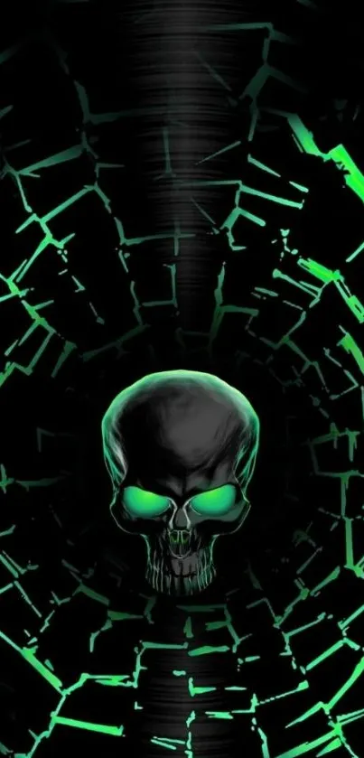 Neon green skull with dark background wallpaper design.