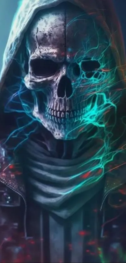 Mysterious skull with neon blue and red energy in a hooded cloak.