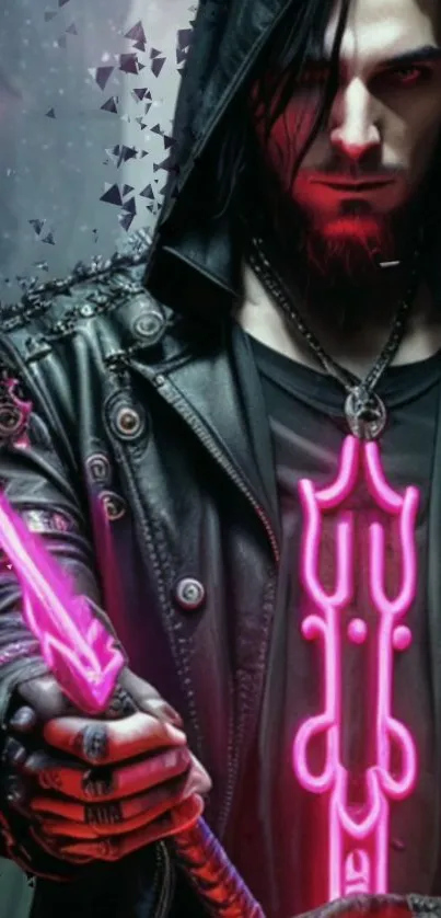 Dark warrior with neon pink sword in leather jacket.