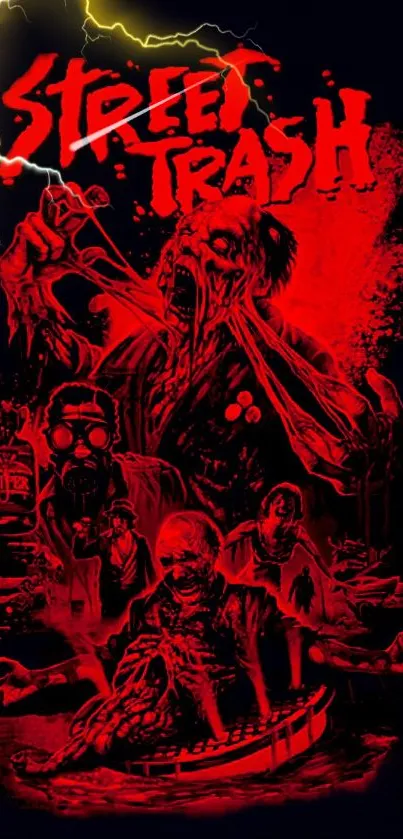 Dark neon red zombie-themed wallpaper with lightning accents.