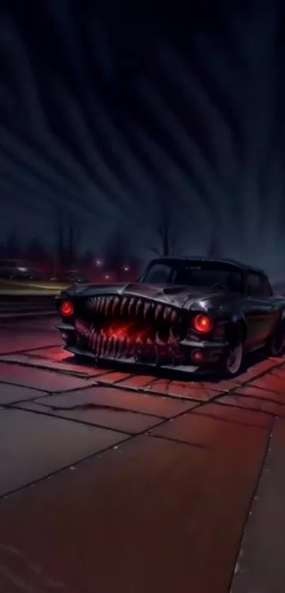 A vintage car with glowing red lights on a dark road at night.