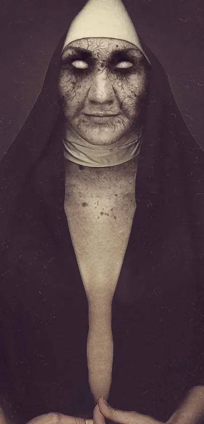 Eerie dark nun wallpaper for mobile, featuring haunting details and mysterious atmosphere.