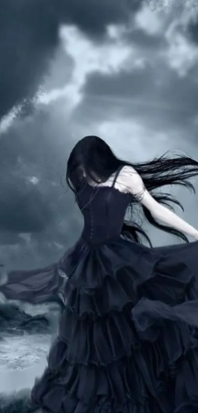 Gothic woman in black dress by stormy ocean under dramatic sky.