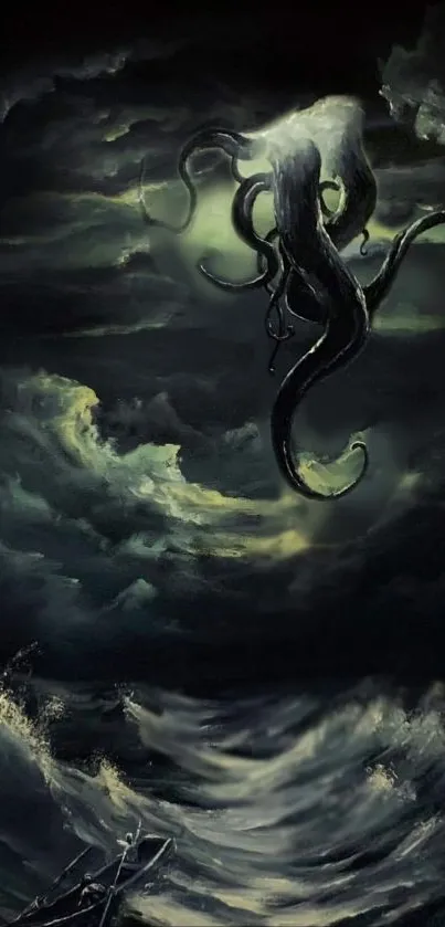 Dark ocean scene with mysterious sea monster under stormy sky.