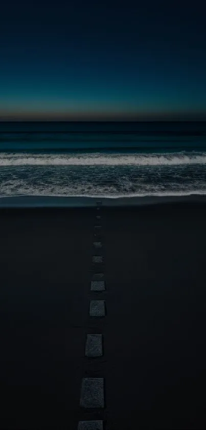 Dark ocean road leading to serene waves under a twilight sky.